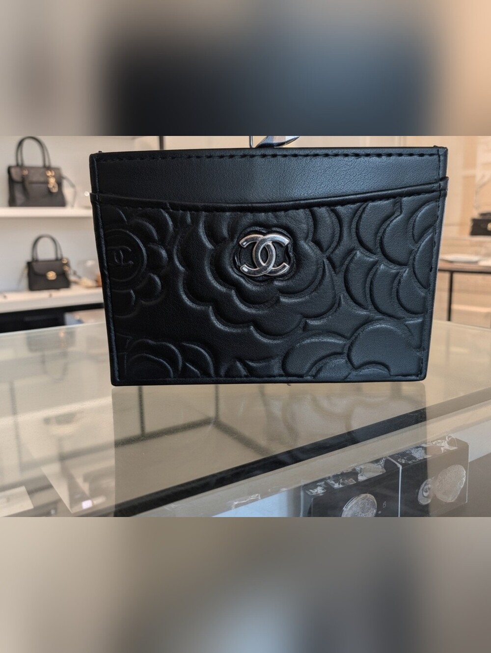 CHANEL Black Camellia Quilted Card Case